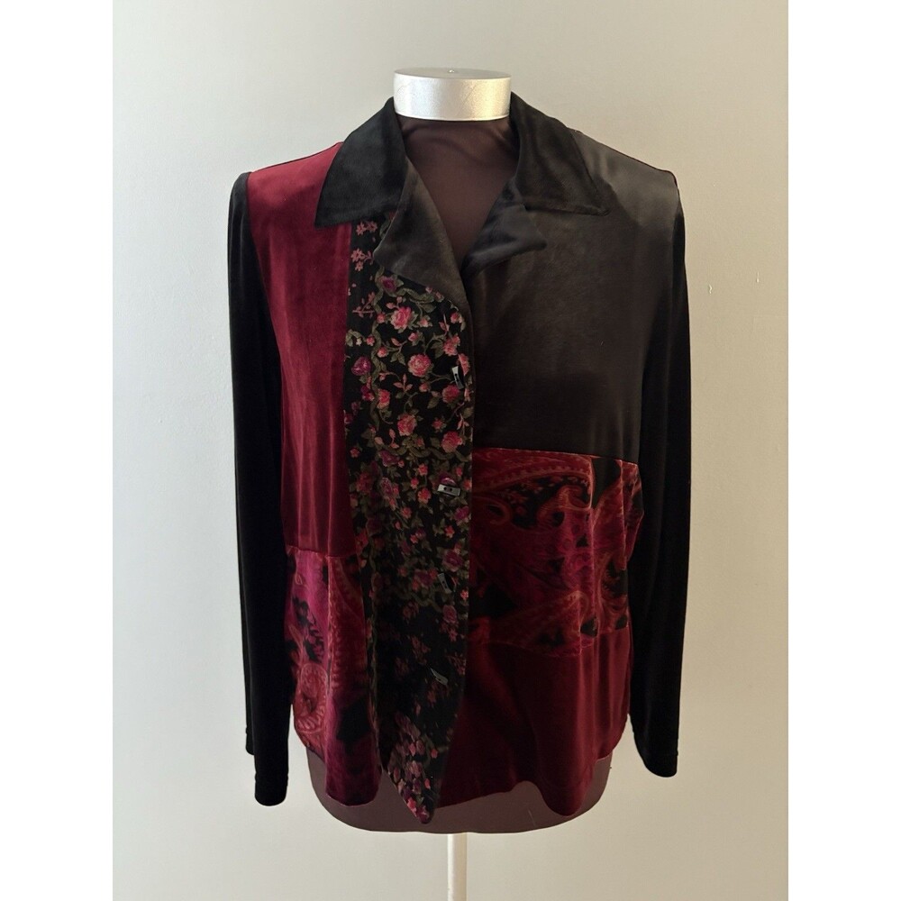 Vintage Patchwork Velvet Boho Blazer Jacket Size 14 Black Red Floral Lightweight